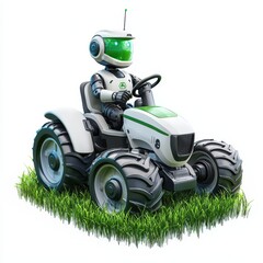 Robotic farmer driving a tiny eco-friendly tractor in a lush green field, isolated on clear white background