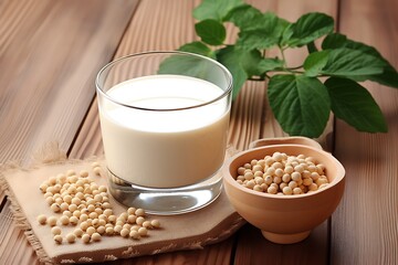 Soy milk and soybeans on wooden table, closeup. Alternative milk