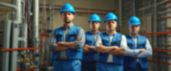 Blurred background portraying a united team of electricians in blue helmets with arms crossed, epitomizing high standards of electrical safety