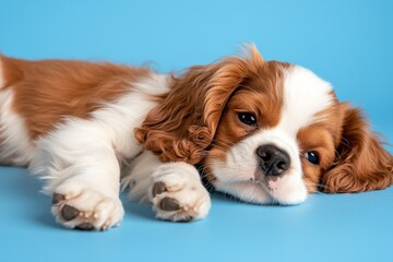 A cute Cavalier King Charles Spaniel puppy resting on a blue background