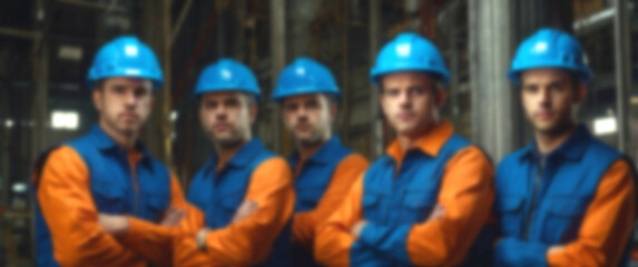Blurred background emphasizing professional electricians wearing blue helmets, standing together with crossed arms, ready for technical challenges