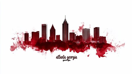 Fototapeta premium Atlanta skyline watercolor, Georgia, cityscape, red, urban, design, background, art print