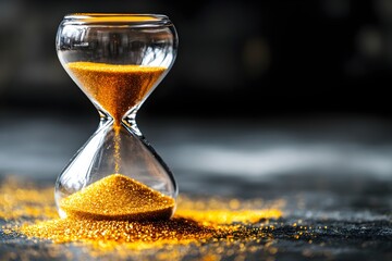 An hourglass with golden sand slowly flowing, black background, symbolizes the value of time.