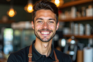 Obraz premium A cheerful young barista standing confidently in a modern cafe. Warm lighting