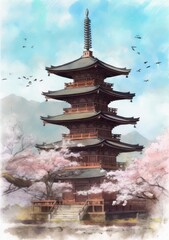 Obraz premium Traditional Japanese Pagoda Surrounded by Cherry Blossoms in Watercolor Style