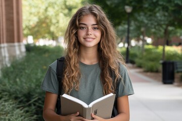Obraz premium Student reading a textbook on a college campus outdoors