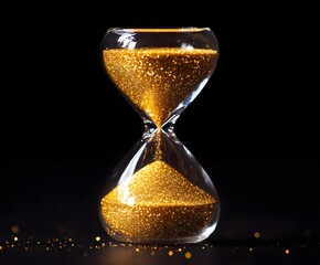 An hourglass with golden sand slowly flowing, black background, symbolizes the value of time.