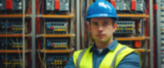 Blurred background highlighting a cohesive group of electricians in blue helmets, arms crossed confidently, symbolizing technical expertise and safety