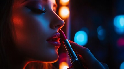 Fototapeta premium Neon Nights: A Woman Applying Red Lipstick