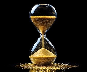 An hourglass with golden sand slowly flowing, black background, symbolizes the value of time.