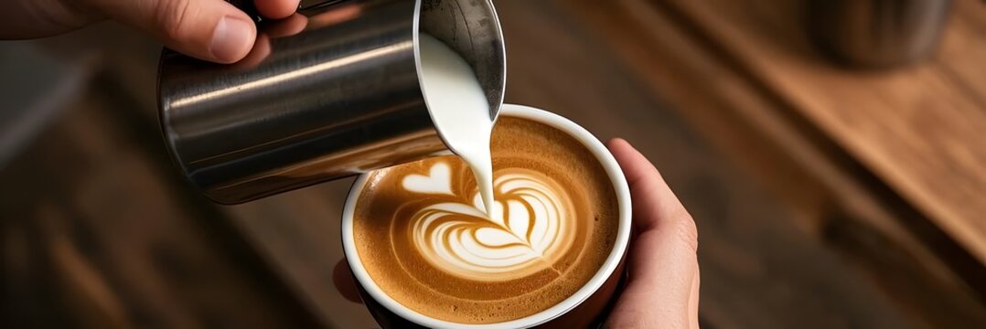 A close-up shot of a barista pouring steamed milk into an espresso cup, creating beautiful latte art. Warm lighting and a rustic café background add a cozy atmosphere. - Powered by Adobe