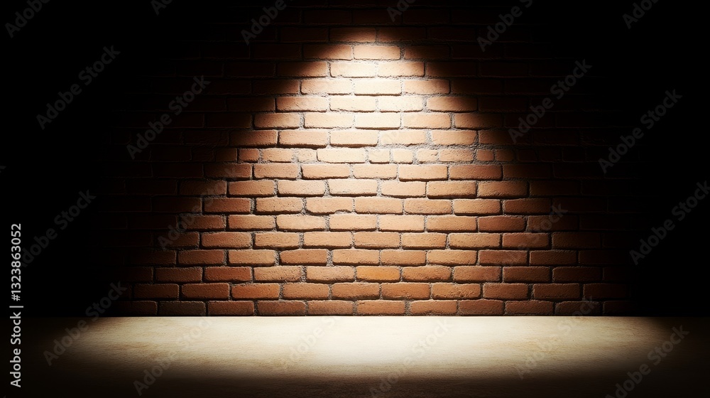 Poster illuminated brick wall with spotlight effect showcasing texture and depth in a dark setting