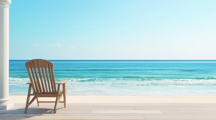 Obraz premium Beach chair on a wooden deck overlooking the ocean. Relaxing beach scene with blue sky and sea. Summer vacation concept.