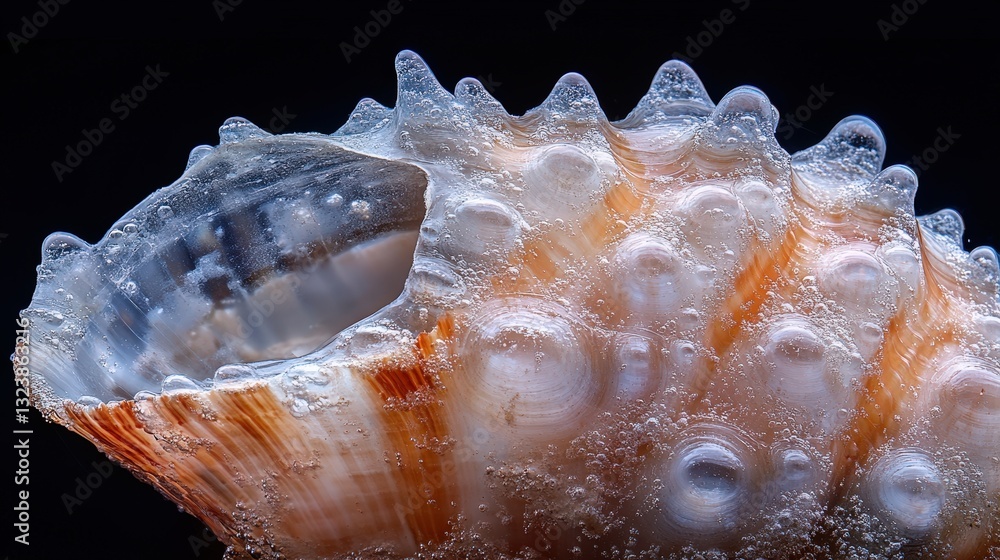 Poster a close-up image of a seashell showcasing intricate textures and patterns against a dark background.
