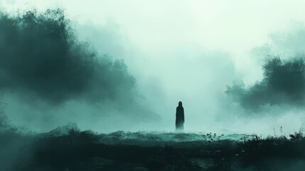 Mystical figure in foggy landscape enigmatic ambiance digital art serene environment atmospheric viewpoint