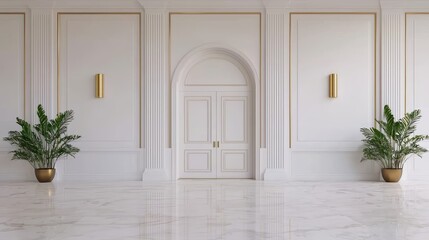 Fototapeta premium Elegant interior with white walls, gold accents, marble floor, plants, and a double door. Classic design with modern touches.