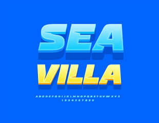 Vector Recreational sign Sea Villa. Trendy Blue Font. 3D Set of Unique Alphabet Letters and Numbers.