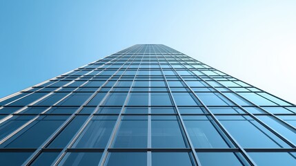 Modern skyscraper with glass facade against a clear blue sky. Architecture concept for business, finance, and urban development.