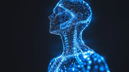 Futuristic digital human silhouette illuminated by glowing blue particles against a dark backdrop