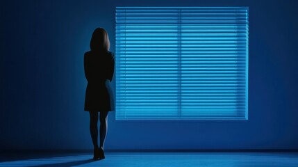 Fototapeta premium Solitude at Dusk: A Woman Gazing Through a Blue-lit Window