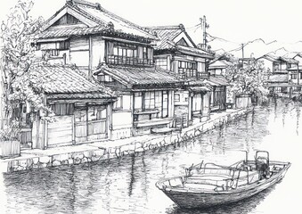 Naklejka premium Traditional Japanese Riverside Village with Wooden Houses and Fishing Boat
