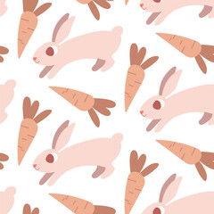 Seamless Pattern of Playful Rabbits and Carrots in Soft Pastel Colors
