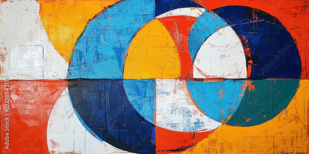 Poster vibrant geometry: an abstract art piece showcases a harmonious blend of overlapping circles, rectang