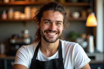 Obraz premium A cheerful young barista standing confidently in a modern cafe. Warm lighting