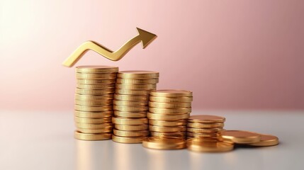 Financial Growth Concept with Stacked Golden Coins and Rising Arrow on White Podium Representing Business Profit and Interest Rate Increase