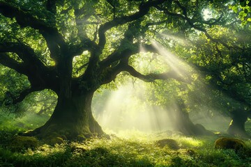 Fototapeta premium a serene forest glade with ancient oak trees, dappled sunlight streaming through vibrant green canopy, moss-covered ground, and morning mist creating an ethereal atmosphere