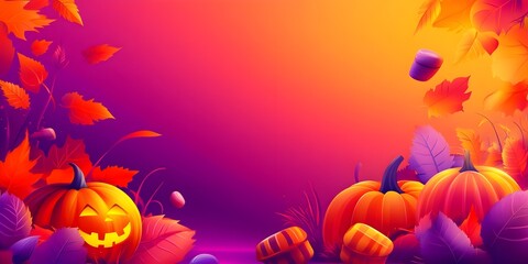 Fototapeta premium Halloween sale banner with sweets, pumpkins and autumn leaves, vibrant colors, clearly defined areas, ideal for websites.