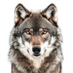 Fototapeta premium Close-up portrait of a grey wolf against a white background.