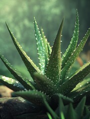 Fototapeta premium Verdant aloe vera plant in a serene garden setting with soft lighting