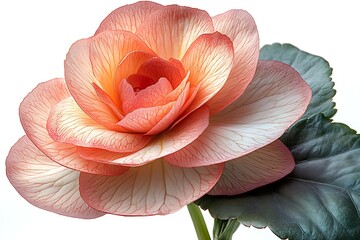 Stunning Close up of a Delicate Peach Begonia Flower with Visible Veins and Lush Green Leaves