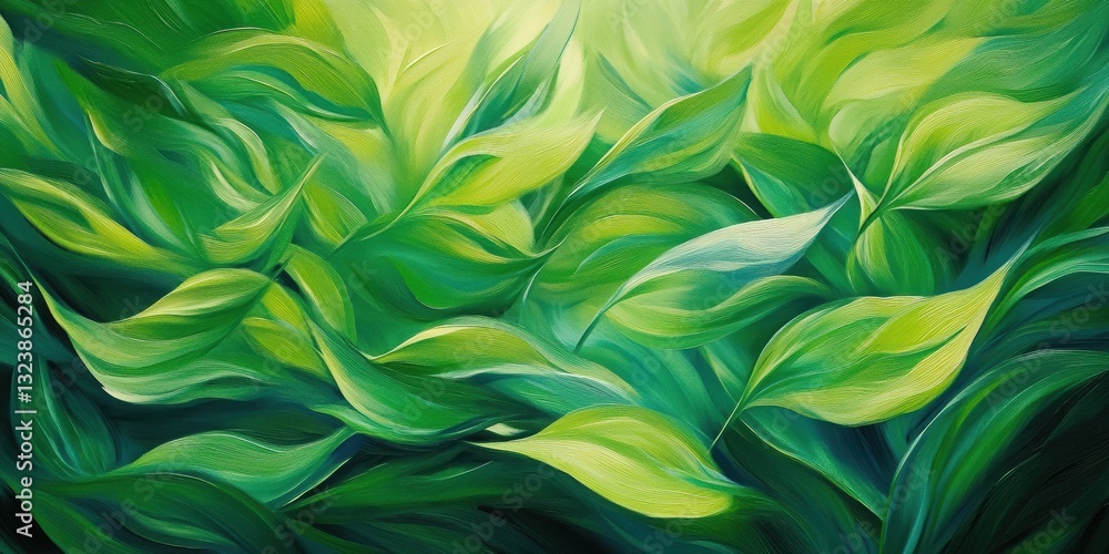 Poster vibrant leaf impression: an artistic rendering showcasing a close-up of vivid green leaves, their fo