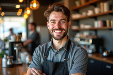 A cheerful young barista standing confidently in a modern cafe. Warm lighting