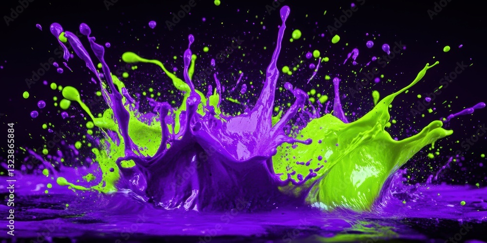 Poster explosive color splash: a vibrant burst of neon green and purple paint, creating an abstract, dynami