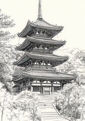 Japanese Pagoda Minimalist Line Art Sketch Architecture Zen Landscape with Cherry Blossoms