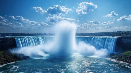 Fototapeta premium Majestic Niagara Falls with Cascading Water and Mist Under a Bright Blue Sky Surrounded by Lush Greenery Captured in Stunning Clarity