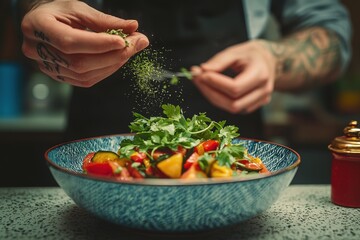 Chef adding fresh herbs to a colorful vegetable salad in a stylish blue bowl, enhancing the flavors and creating an appetizing culinary experience for diners.