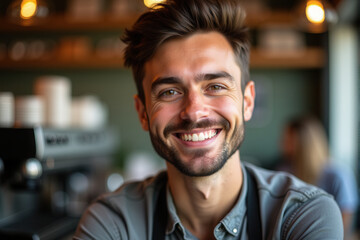 Fototapeta premium A cheerful young barista standing confidently in a modern cafe. Warm lighting