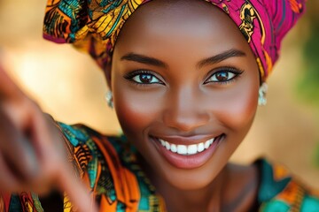 Obraz premium a vibrant african woman with expressive eyes points directly at viewer, her smile radiant against colorful traditional clothing, creating an intimate connection in bright natural lighting