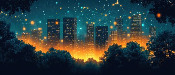 Obraz premium Twinkling night sky above urban cityscape vibrant atmosphere digital art evening scenic view