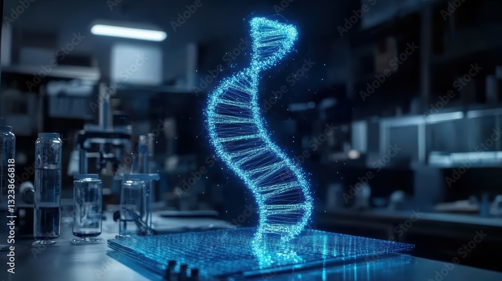 Poster digital dna helix visualization in laboratory science experiment high-tech environment close-up view