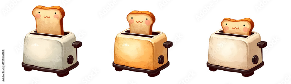 Poster a cheerful set of cartoonish toasters with smiling slices of toast popping out.