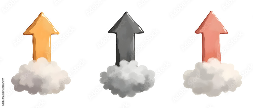 Poster three colorful arrows pointing upward, each accompanied by a cloud-like puff, symbolizing movement o