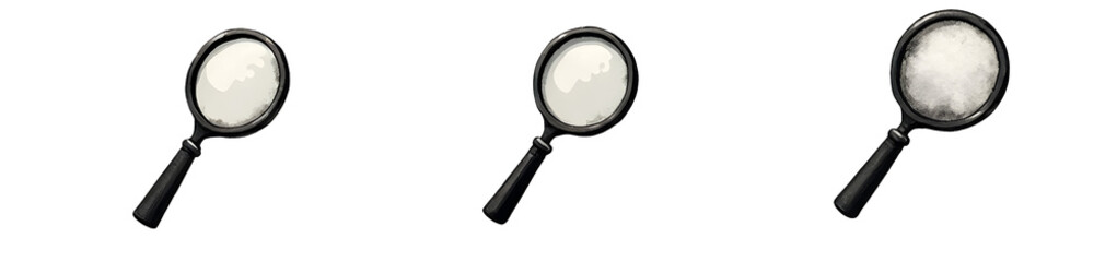Fototapeta premium Three magnifying glasses with white circular lenses positioned in a row, highlighting the concept of examination or scrutiny.