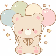 Fluffy bear holding colorful balloons, joyful and playful expression