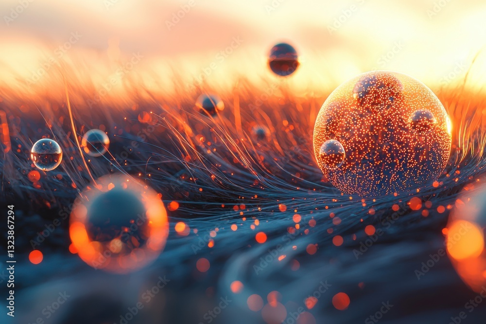 Poster ethereal sunset scene with glowing orbs floating among delicate strands, creating a mystical and dre