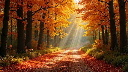 Obraz premium Autumn leaves falling on a forest path.